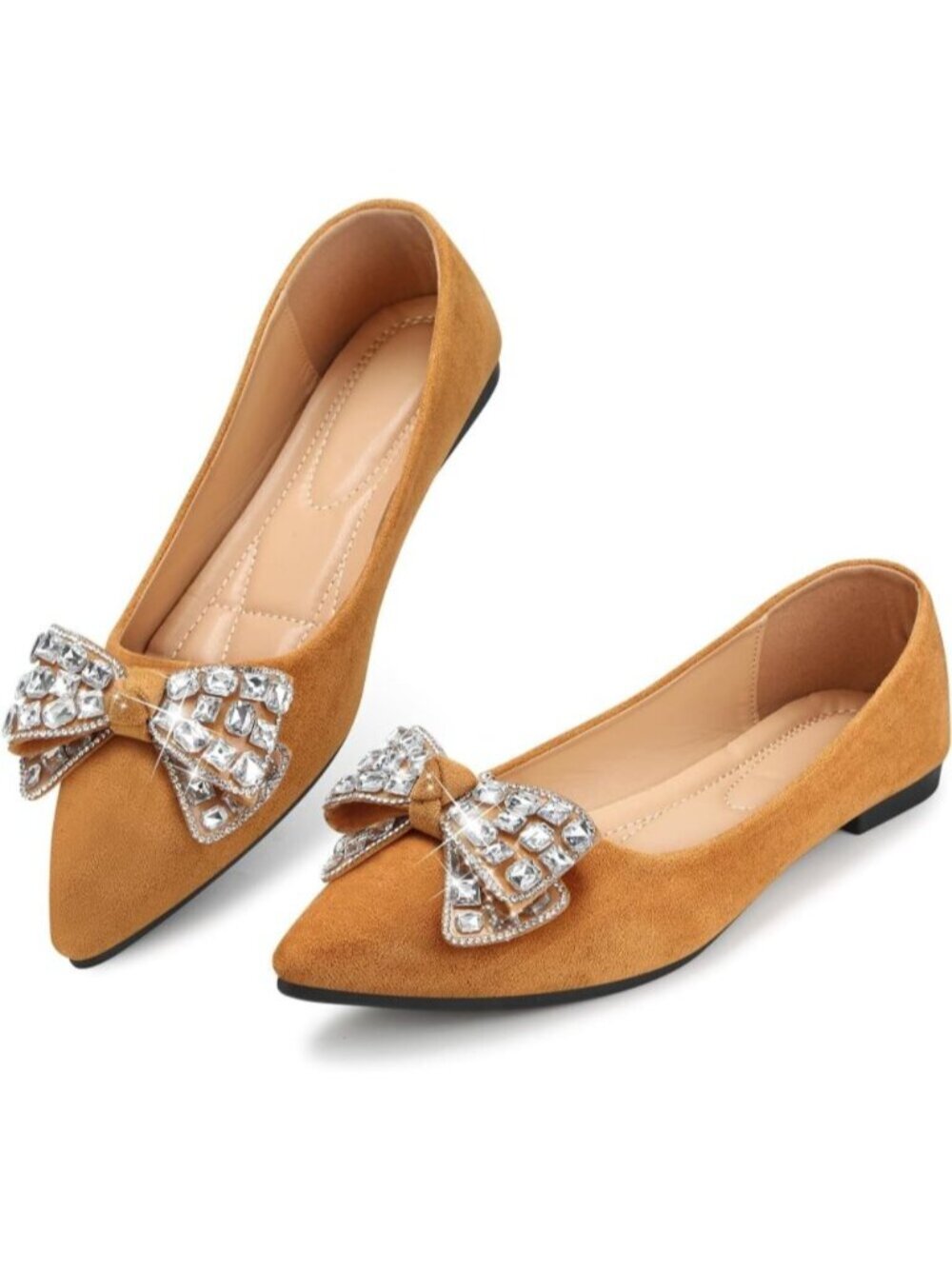 Women's Light Brown Pointed Toe Pearl Flats Faux Suede Comfort Dress for Shoes